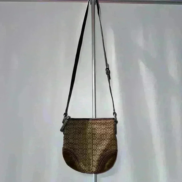 Coach Handbags - Coach Signature Crossbody Bag Jacquard Fabric & Leather Brown
